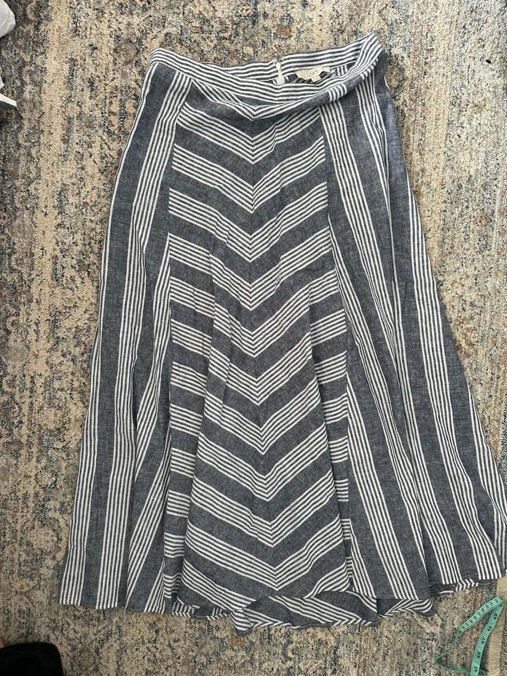 Loft Chevron Stripe Linen Cotton Midi Skirt Blue White